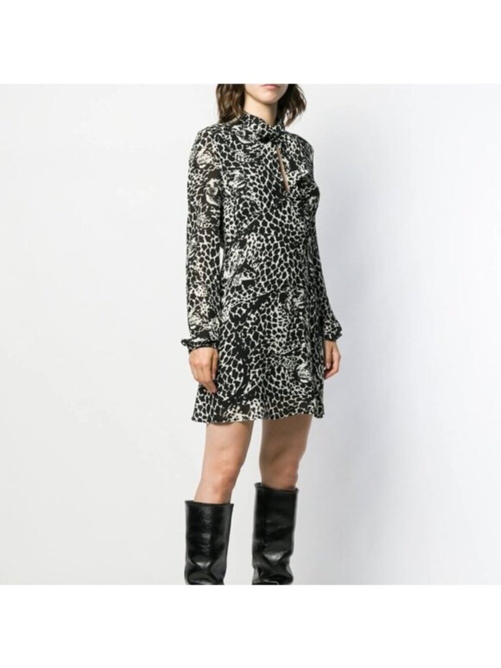 Saint Laurent Leopard Head Llavaiere Long Sleeve Neck Tie Silk A Line Mini Dress